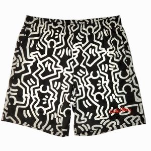 HM H&M Keith Haring Mens Cotton Shorts Medium Black White Graffiti Pop Art 90s